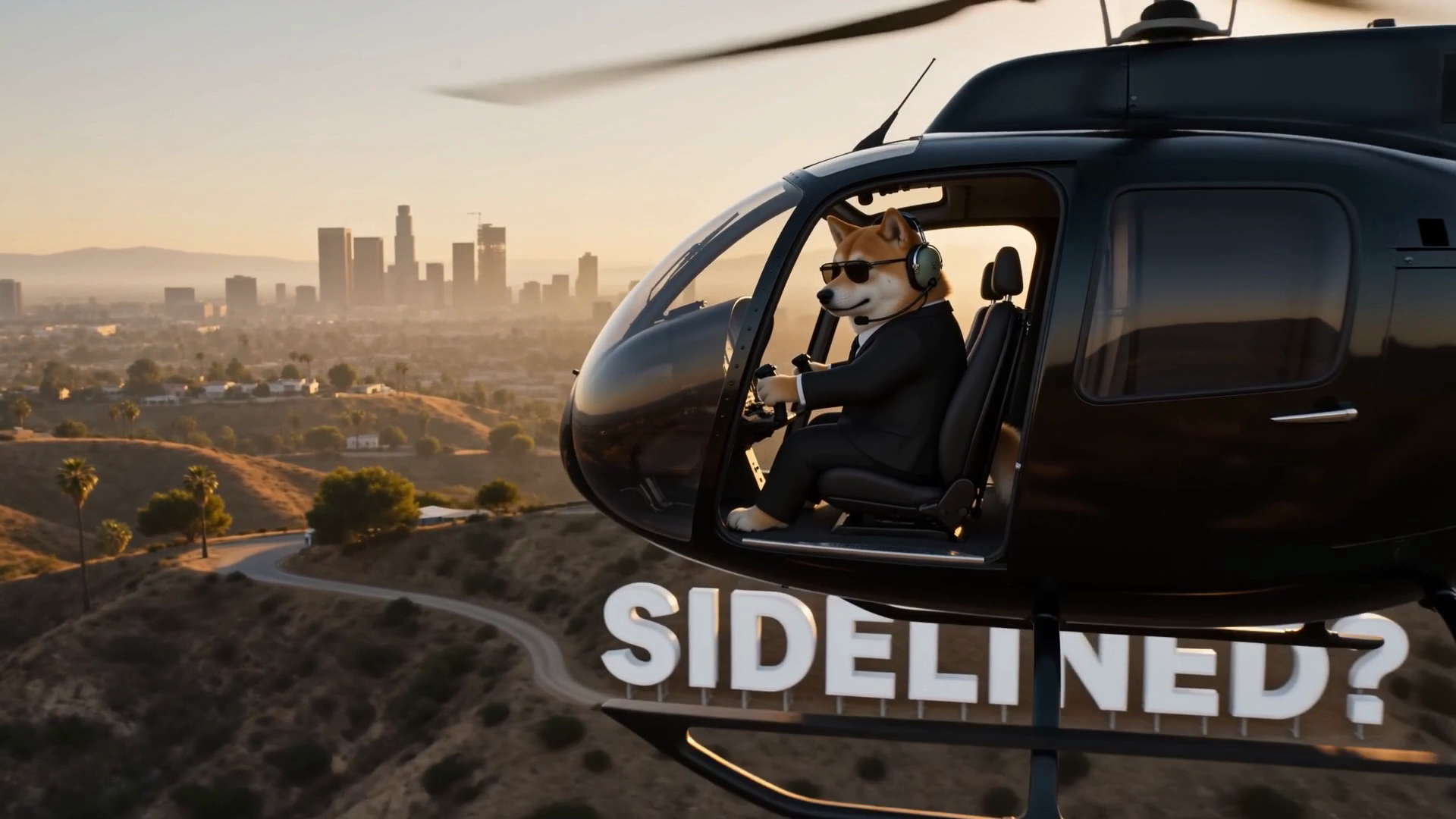 SideInu flying a helicopter over the hills