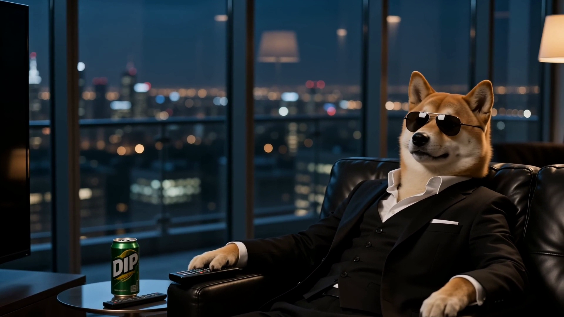SideInu in sunglasses and a black suit, relaxing above the city with a can of DIP soda